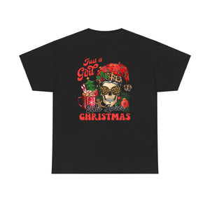 Back view of black Just a girl who loves christmas tees
