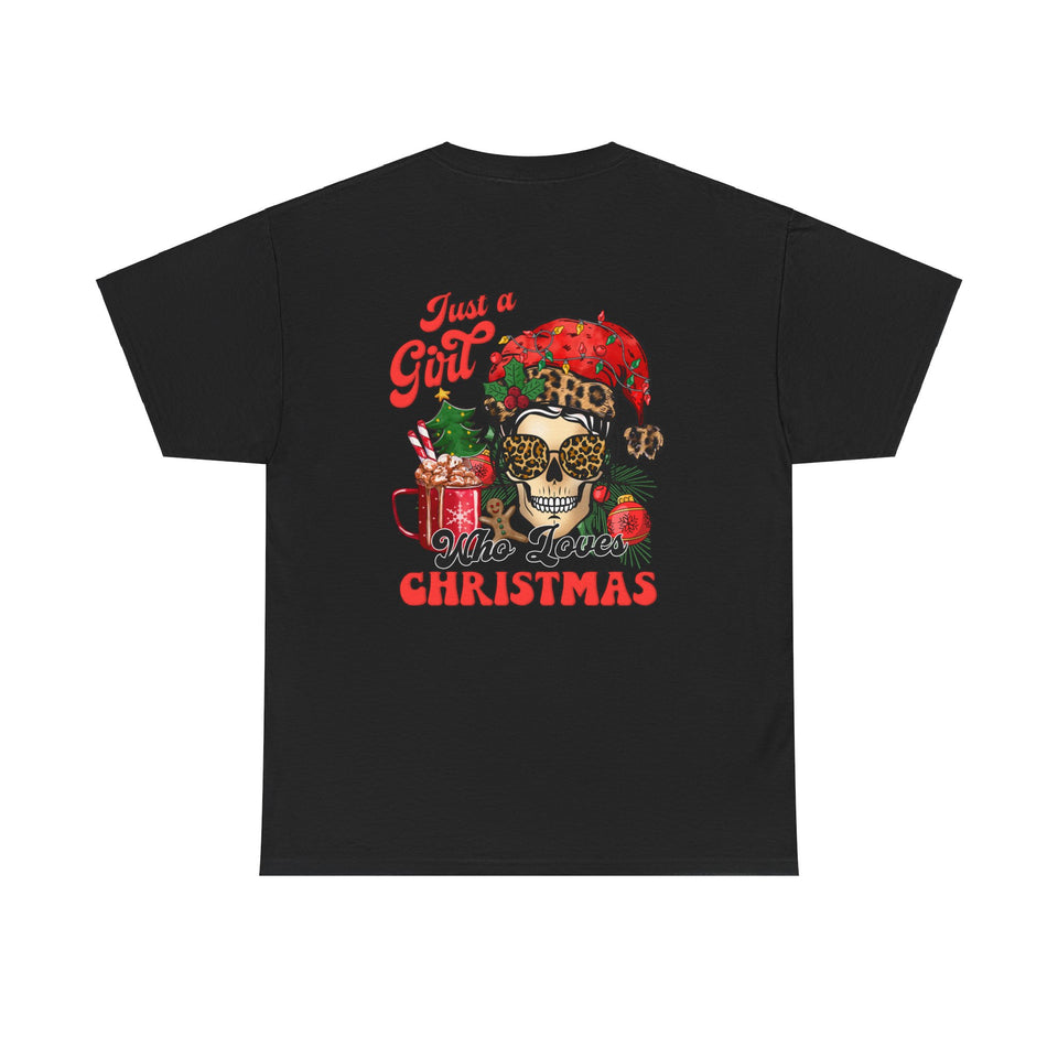Back view of black Just a girl who loves christmas tees