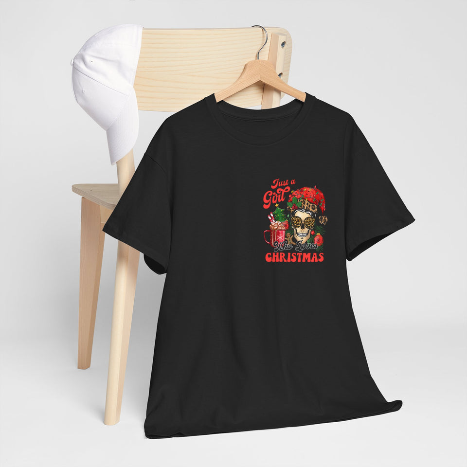 Front view of hanging on chair black Just a girl who loves christmas 