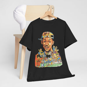 Hanging Black 90 Theme graphic tee on a hanger on chair 