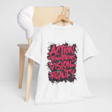 Hanging view of view of Action Transforms Vision Into Reality white shirt on chair