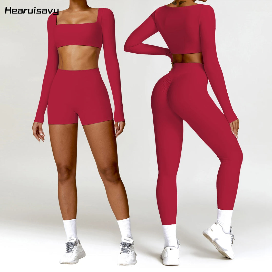 2PCS Long Sleeve Gym Set Women Yoga Clothes Quick-Drying Sportswear Running Leggings Workout Sports Crop Top Women