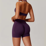 Women’s Seamless Halter Neck Yoga Set – 2-Piece Sports Bra & Shorts Outfit | Beauty Back Fitness Crop Top & Stretch Workout Shorts for Running, Gym & Yoga