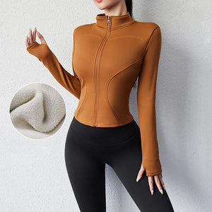 Slim fit long sleeves jacket full-zipper fleece warm winter thick coat outer wear women gym fitness yoga tops