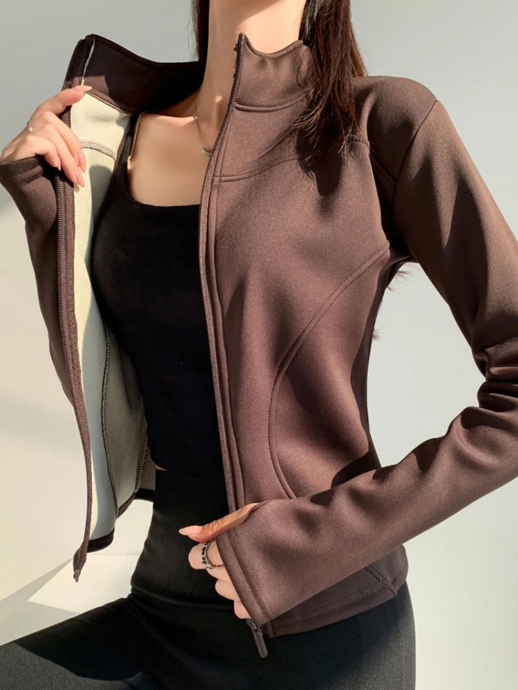 Slim fit long sleeves jacket full-zipper fleece warm winter thick coat outer wear women gym fitness yoga tops