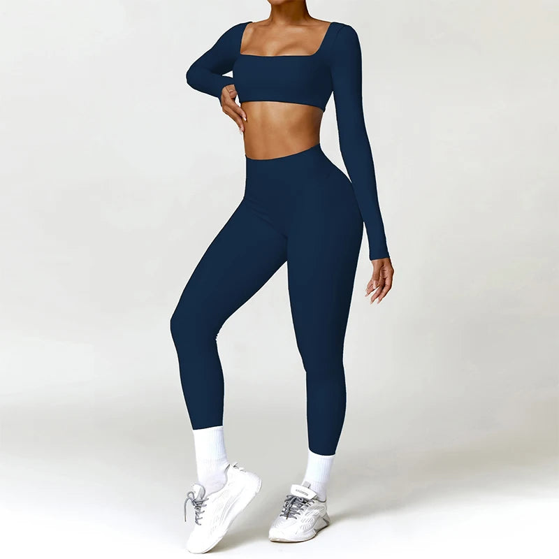 2PCS Long Sleeve Gym Set Women Yoga Clothes Quick-Drying Sportswear Running Leggings Workout Sports Crop Top Women