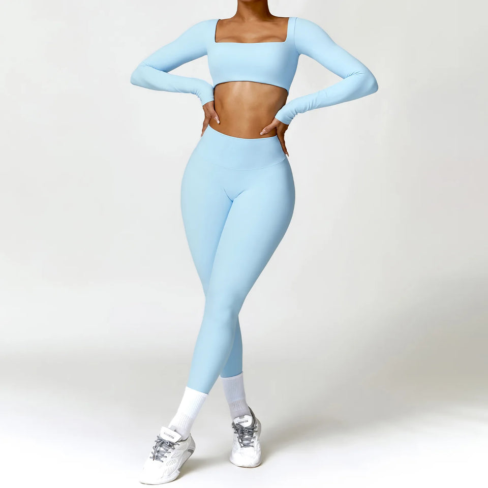 2PCS Long Sleeve Gym Set Women Yoga Clothes Quick-Drying Sportswear Running Leggings Workout Sports Crop Top Women
