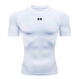 White athletic t-shirt with a black dumbbell icon on a white background