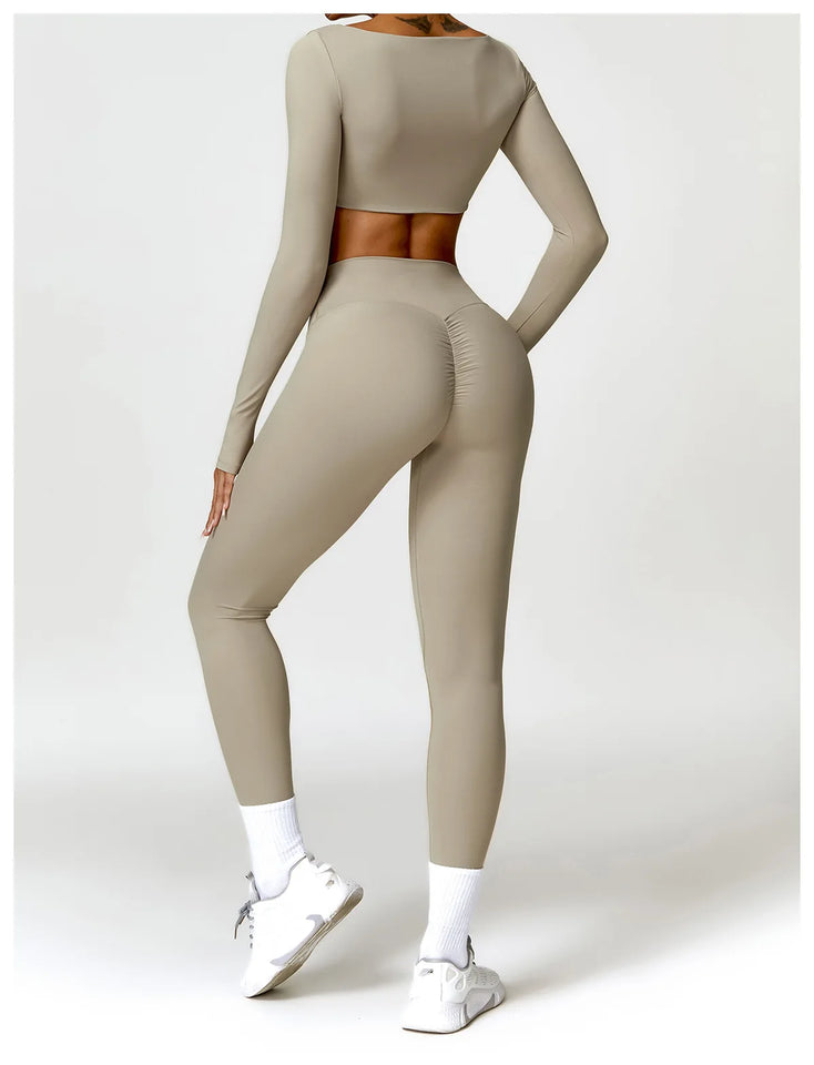 2PCS Long Sleeve Gym Set Women Yoga Clothes Quick-Drying Sportswear Running Leggings Workout Sports Crop Top Women