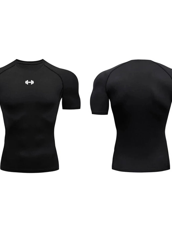 Black and white athletic shirts with a dumbbell symbol on a white background