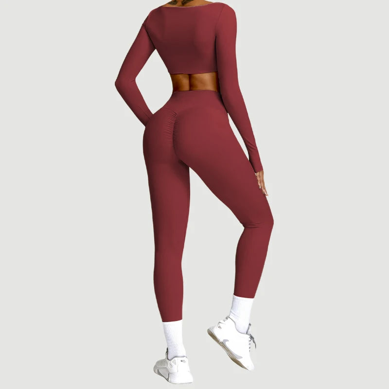 2PCS Long Sleeve Gym Set Women Yoga Clothes Quick-Drying Sportswear Running Leggings Workout Sports Crop Top Women