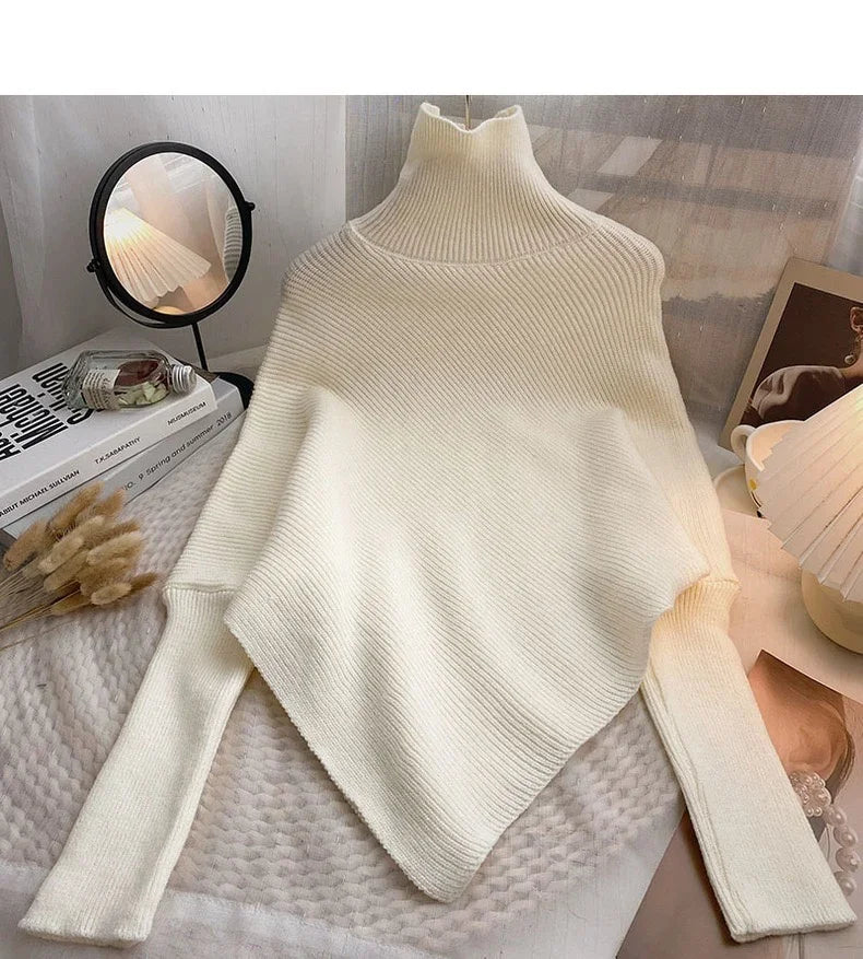 2025 Autumn Winter Women Fashion Irregular Loose Knit Sweater Vintage High Neck Long Sleeve Female Pullovers Chic Tops