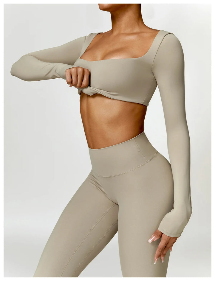 2PCS Long Sleeve Gym Set Women Yoga Clothes Quick-Drying Sportswear Running Leggings Workout Sports Crop Top Women
