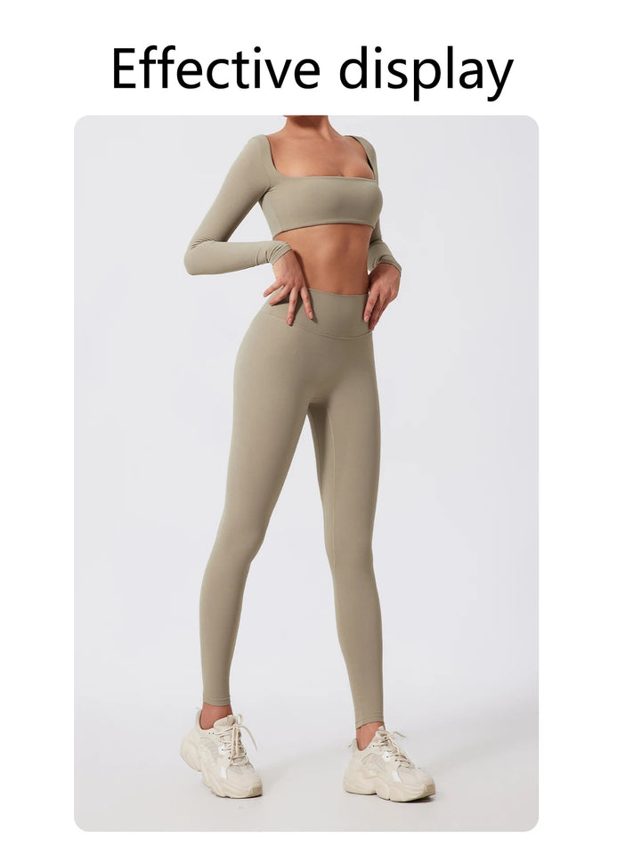 2PCS Long Sleeve Gym Set Women Yoga Clothes Quick-Drying Sportswear Running Leggings Workout Sports Crop Top Women