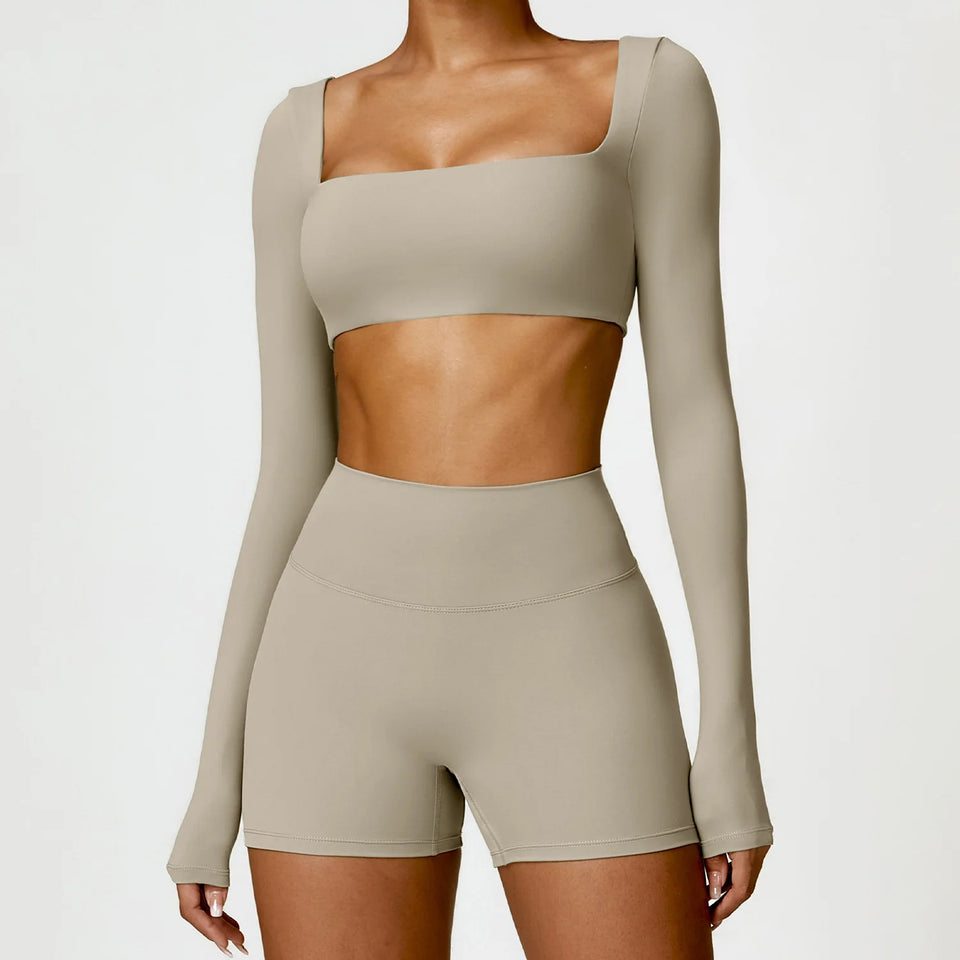 2PCS Long Sleeve Gym Set Women Yoga Clothes Quick-Drying Sportswear Running Leggings Workout Sports Crop Top Women