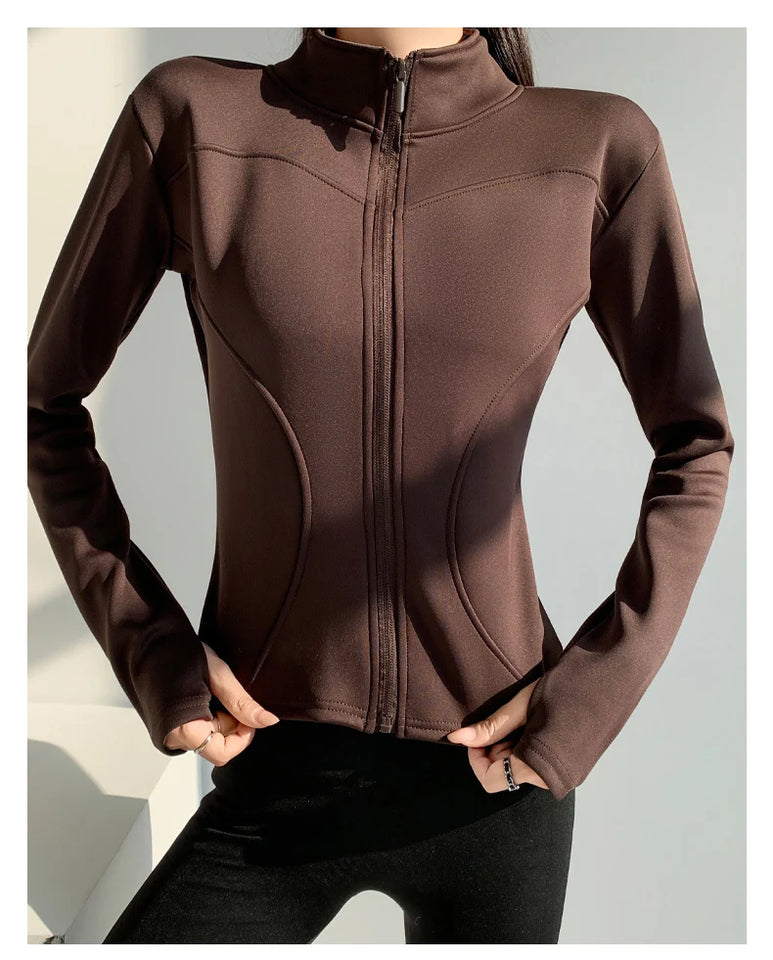 Slim fit long sleeves jacket full-zipper fleece warm winter thick coat outer wear women gym fitness yoga tops