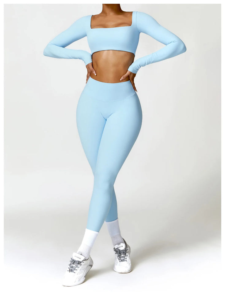 2PCS Long Sleeve Gym Set Women Yoga Clothes Quick-Drying Sportswear Running Leggings Workout Sports Crop Top Women