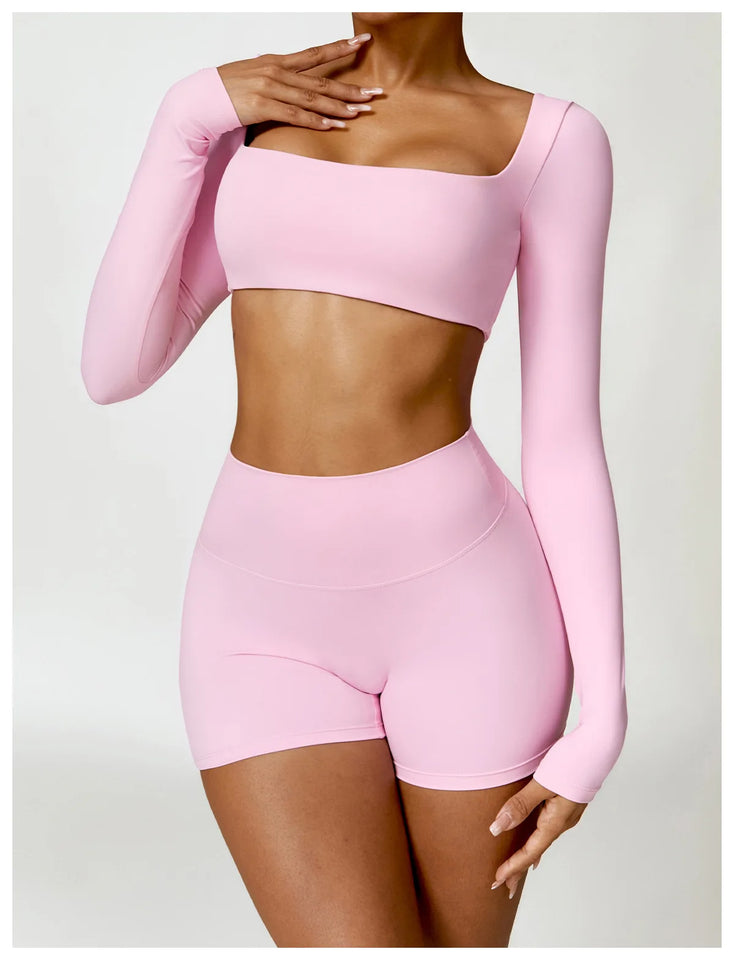2PCS Long Sleeve Gym Set Women Yoga Clothes Quick-Drying Sportswear Running Leggings Workout Sports Crop Top Women