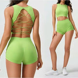 Women’s Seamless Backless Cross-Strap Yoga Set – Breathable Quick-Dry Sports Vest & High-Waist Pleated Hip-Lifting Shorts