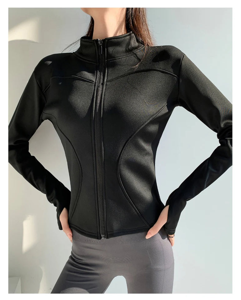 Slim fit long sleeves jacket full-zipper fleece warm winter thick coat outer wear women gym fitness yoga tops