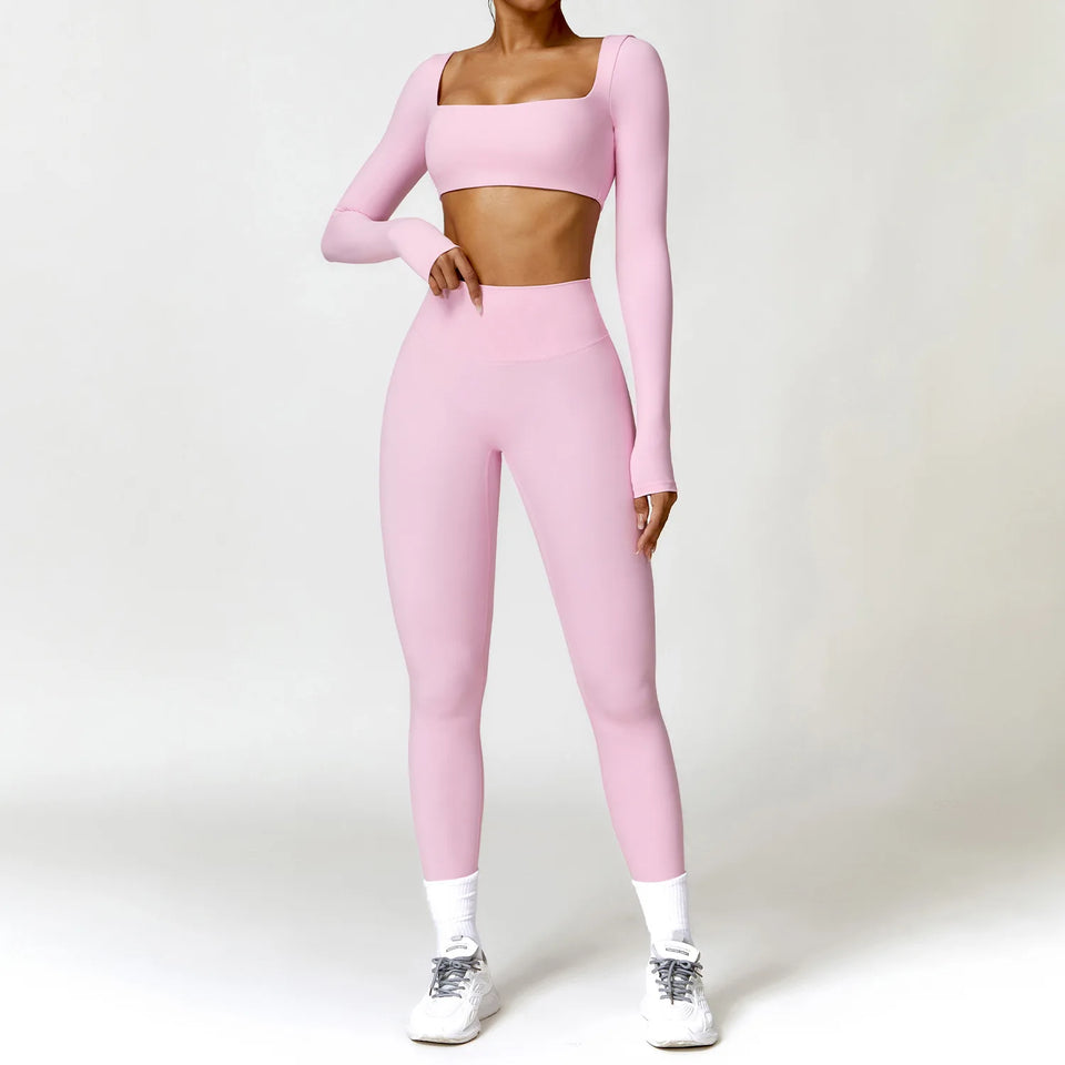 2PCS Long Sleeve Gym Set Women Yoga Clothes Quick-Drying Sportswear Running Leggings Workout Sports Crop Top Women