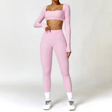 2PCS Long Sleeve Gym Set Women Yoga Clothes Quick-Drying Sportswear Running Leggings Workout Sports Crop Top Women