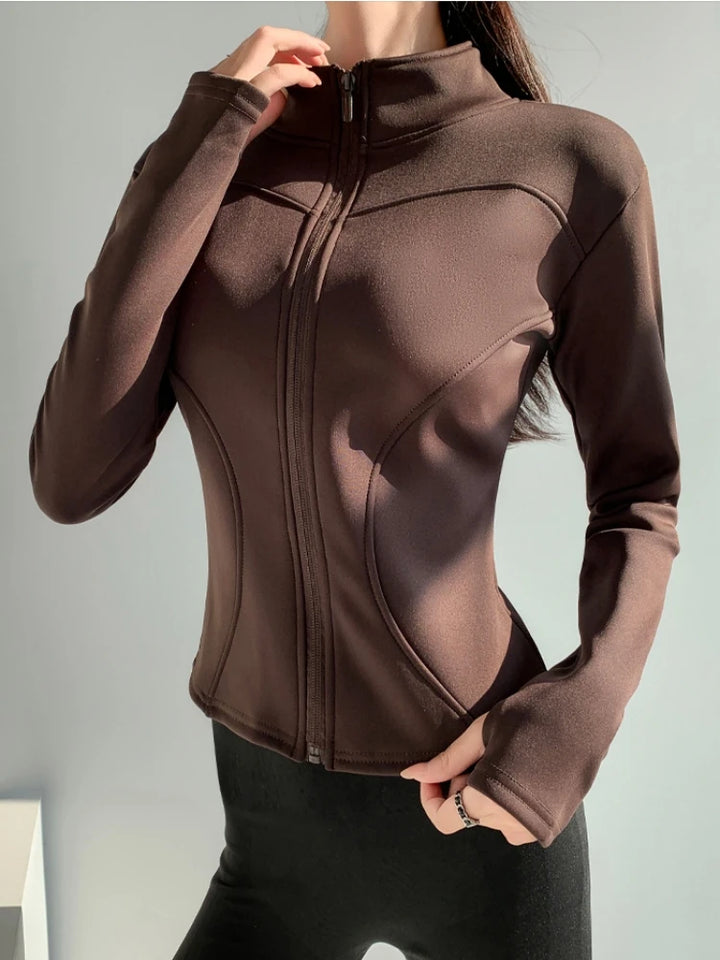 Slim fit long sleeves jacket full-zipper fleece warm winter thick coat outer wear women gym fitness yoga tops