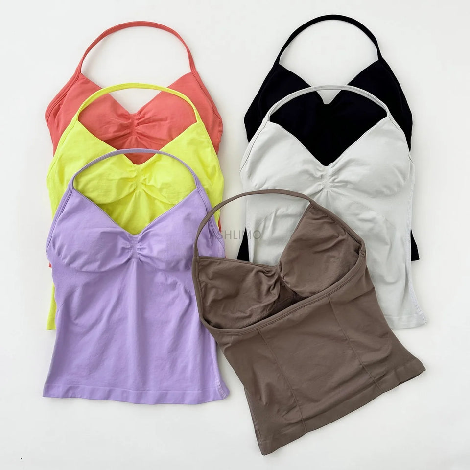 Impact Longline Strappy Gym Top Backless Gym Clothes Women Scrunch Built-in Bra With Removable Cups Yoga Tank Tops