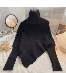 2025 Autumn Winter Women Fashion Irregular Loose Knit Sweater Vintage High Neck Long Sleeve Female Pullovers Chic Tops