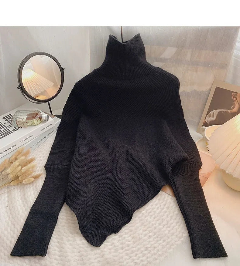 2025 Autumn Winter Women Fashion Irregular Loose Knit Sweater Vintage High Neck Long Sleeve Female Pullovers Chic Tops