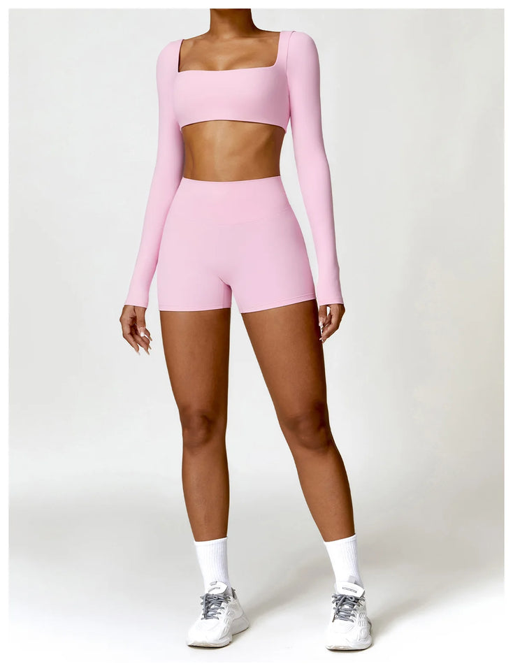 2PCS Long Sleeve Gym Set Women Yoga Clothes Quick-Drying Sportswear Running Leggings Workout Sports Crop Top Women
