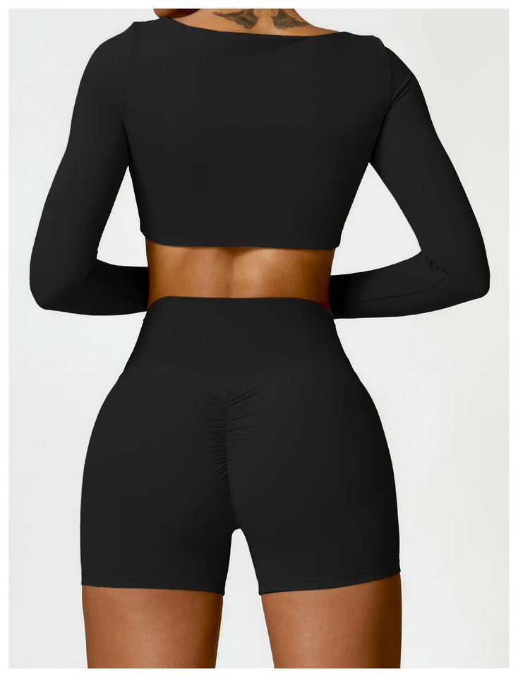 2PCS Long Sleeve Gym Set Women Yoga Clothes Quick-Drying Sportswear Running Leggings Workout Sports Crop Top Women