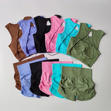 Women’s Seamless Backless Cross-Strap Yoga Set – Breathable Quick-Dry Sports Vest & High-Waist Pleated Hip-Lifting Shorts