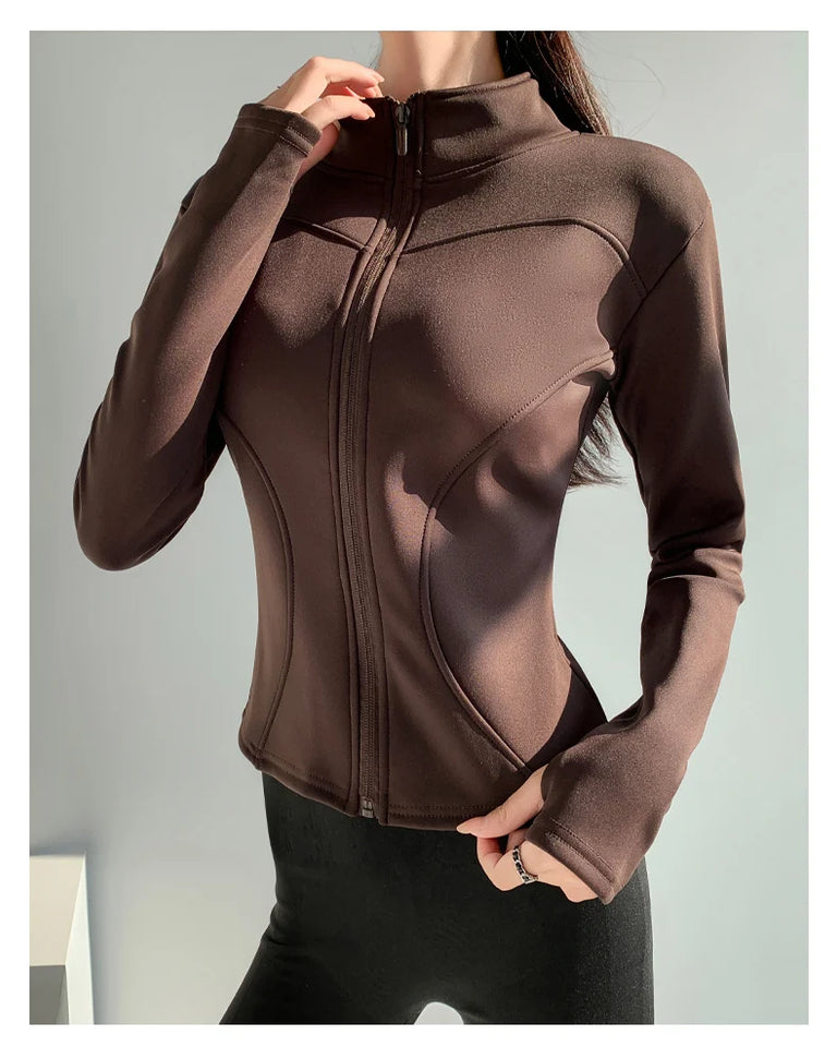 Slim fit long sleeves jacket full-zipper fleece warm winter thick coat outer wear women gym fitness yoga tops