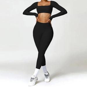2PCS Long Sleeve Gym Set Women Yoga Clothes Quick-Drying Sportswear Running Leggings Workout Sports Crop Top Women
