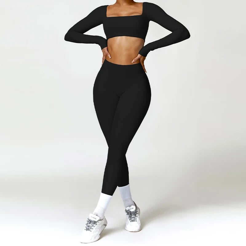 2PCS Long Sleeve Gym Set Women Yoga Clothes Quick-Drying Sportswear Running Leggings Workout Sports Crop Top Women