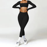 2PCS Long Sleeve Gym Set Women Yoga Clothes Quick-Drying Sportswear Running Leggings Workout Sports Crop Top Women