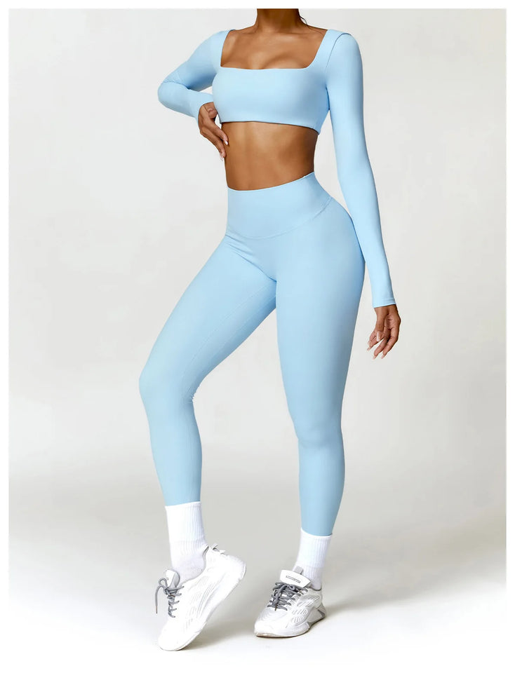 2PCS Long Sleeve Gym Set Women Yoga Clothes Quick-Drying Sportswear Running Leggings Workout Sports Crop Top Women