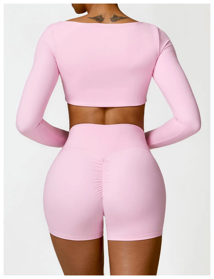 2PCS Long Sleeve Gym Set Women Yoga Clothes Quick-Drying Sportswear Running Leggings Workout Sports Crop Top Women