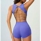 Women’s Seamless Backless Cross-Strap Yoga Set – Breathable Quick-Dry Sports Vest & High-Waist Pleated Hip-Lifting Shorts