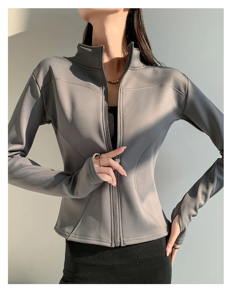Slim fit long sleeves jacket full-zipper fleece warm winter thick coat outer wear women gym fitness yoga tops