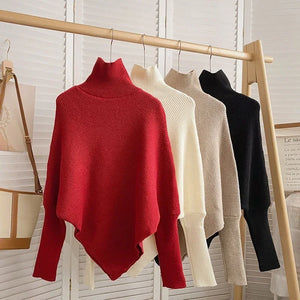 2025 Autumn Winter Women Fashion Irregular Loose Knit Sweater Vintage High Neck Long Sleeve Female Pullovers Chic Tops