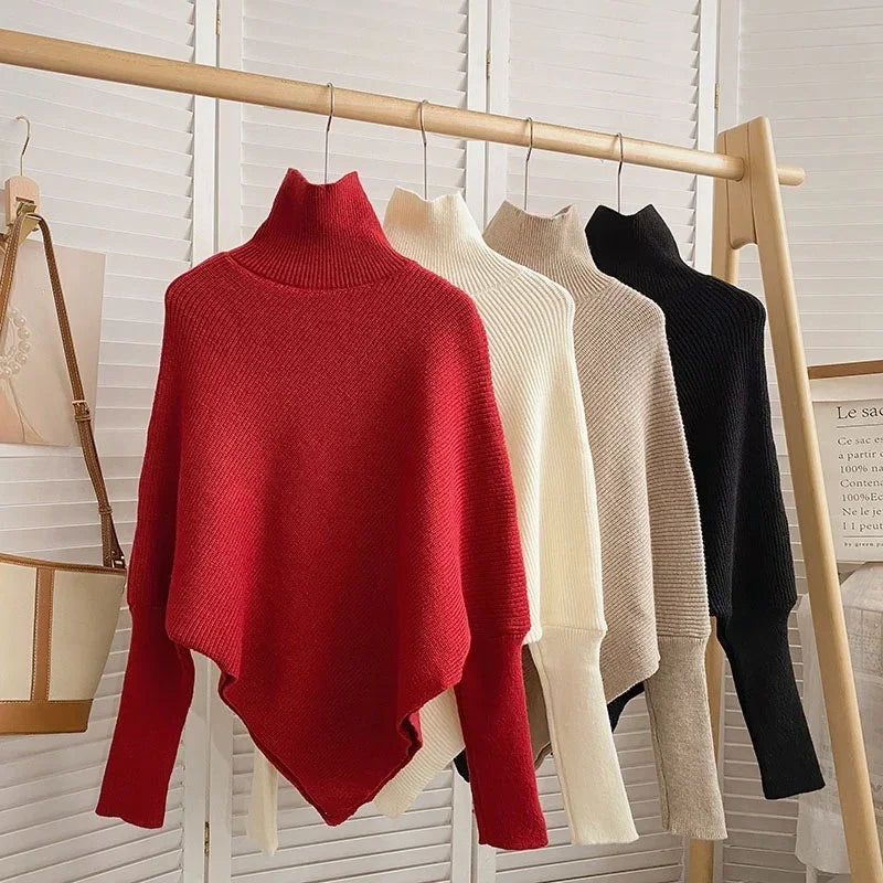 2025 Autumn Winter Women Fashion Irregular Loose Knit Sweater Vintage High Neck Long Sleeve Female Pullovers Chic Tops