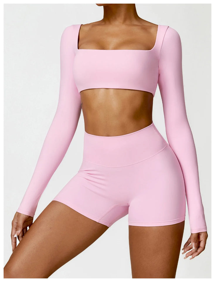 2PCS Long Sleeve Gym Set Women Yoga Clothes Quick-Drying Sportswear Running Leggings Workout Sports Crop Top Women