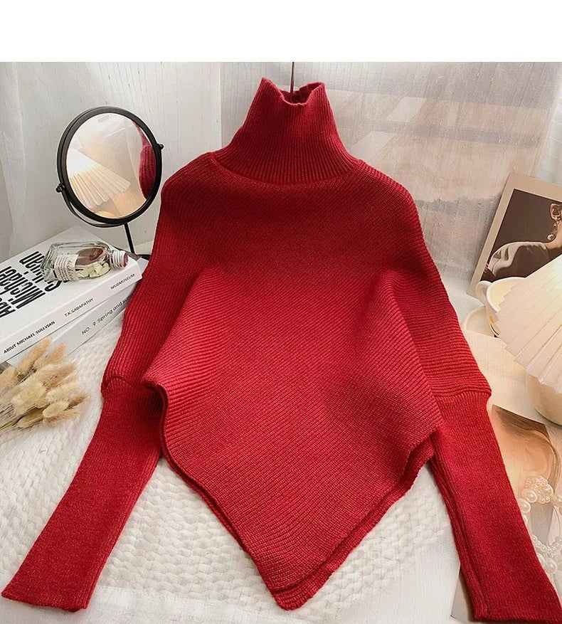 2025 Autumn Winter Women Fashion Irregular Loose Knit Sweater Vintage High Neck Long Sleeve Female Pullovers Chic Tops