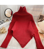 2025 Autumn Winter Women Fashion Irregular Loose Knit Sweater Vintage High Neck Long Sleeve Female Pullovers Chic Tops