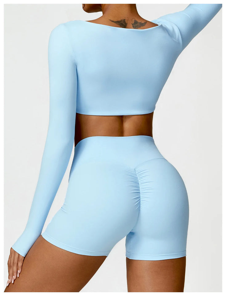 2PCS Long Sleeve Gym Set Women Yoga Clothes Quick-Drying Sportswear Running Leggings Workout Sports Crop Top Women