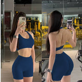 Women’s Seamless Halter Neck Yoga Set – 2-Piece Sports Bra & Shorts Outfit | Beauty Back Fitness Crop Top & Stretch Workout Shorts for Running, Gym & Yoga