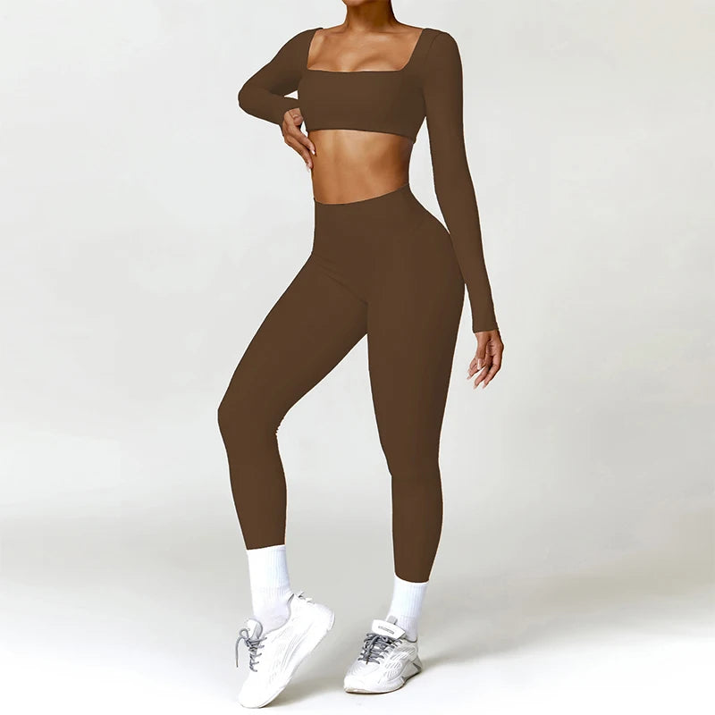 2PCS Long Sleeve Gym Set Women Yoga Clothes Quick-Drying Sportswear Running Leggings Workout Sports Crop Top Women