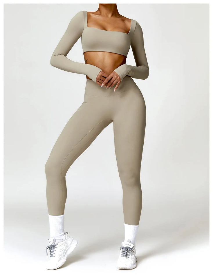 2PCS Long Sleeve Gym Set Women Yoga Clothes Quick-Drying Sportswear Running Leggings Workout Sports Crop Top Women